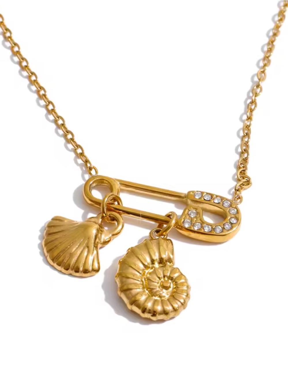 Gold Shell Spiral Charm Safety Pin Coastal Ocean Dainty Necklace